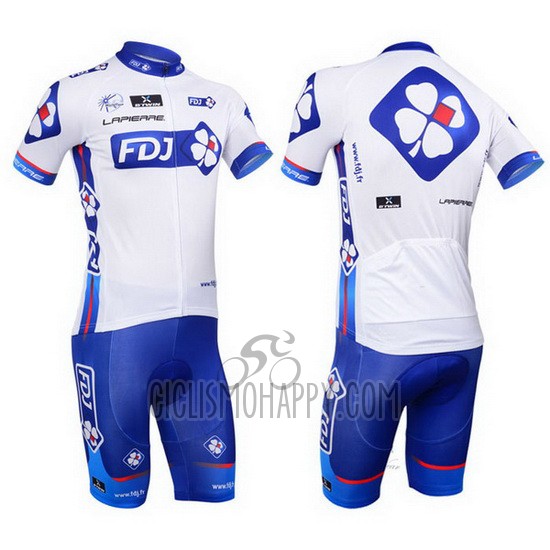 FDJ Cycling Jersey Bib Short 2013 Short Sleeve White and Sky Blue
